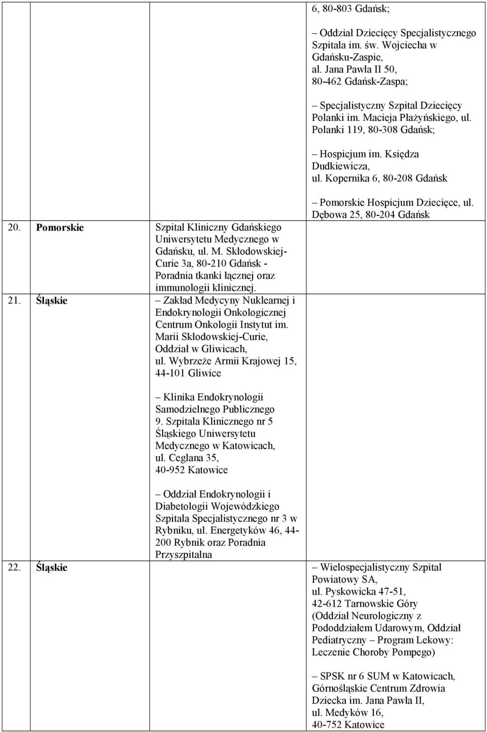 Pomorskie Szpital Kliniczny Gdańskiego Uniwersytetu Medycznego w Gdańsku, ul. M. Skłodowskiej- Curie 3a, 80-210 Gdańsk - Poradnia tkanki łącznej oraz immunologii klinicznej. 21.