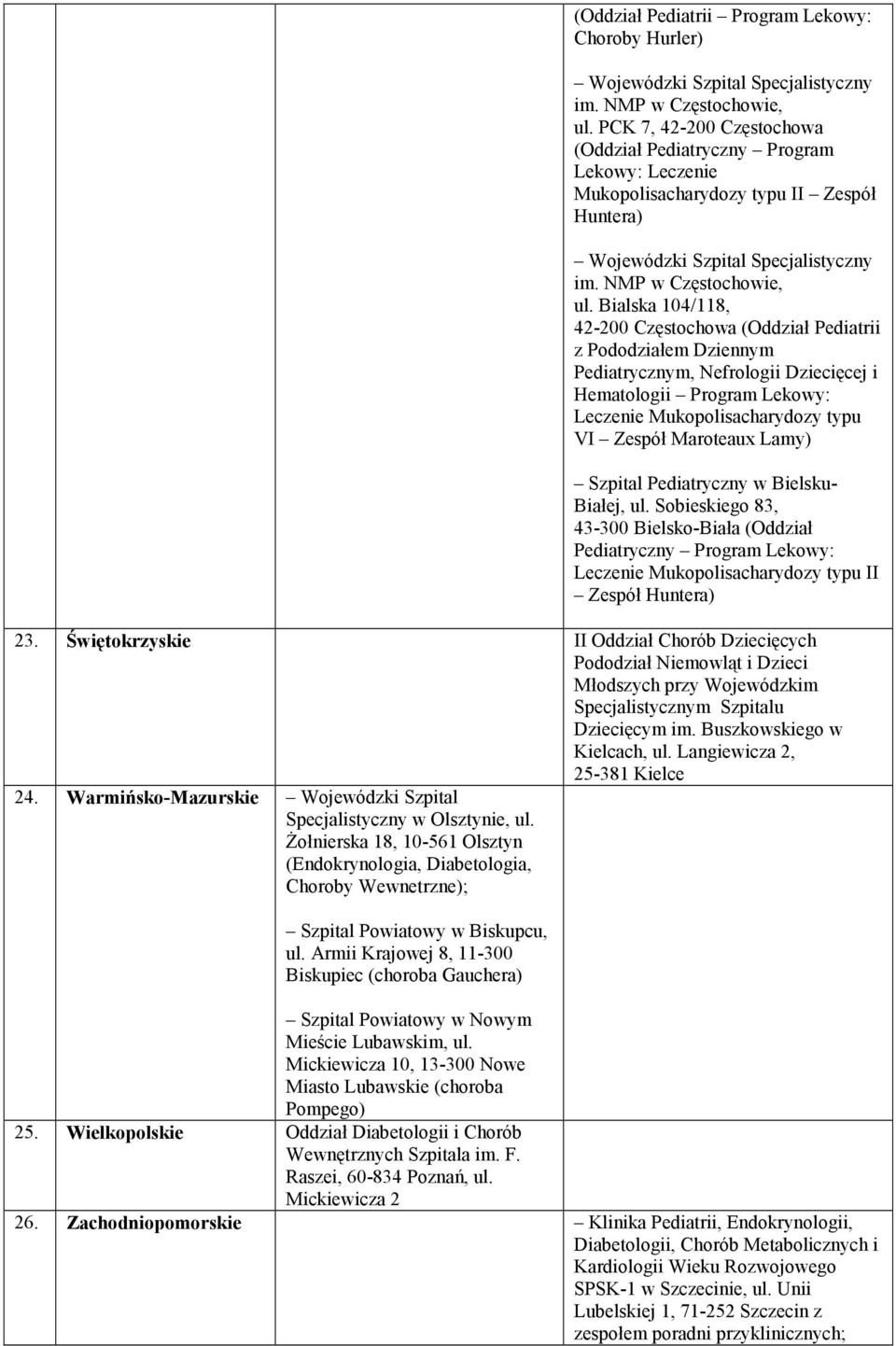 Bialska 104/118, 42-200 Częstochowa (Oddział Pediatrii z Pododziałem Dziennym Pediatrycznym, Nefrologii Dziecięcej i Hematologii Program Lekowy: Leczenie Mukopolisacharydozy typu VI Zespół Maroteaux