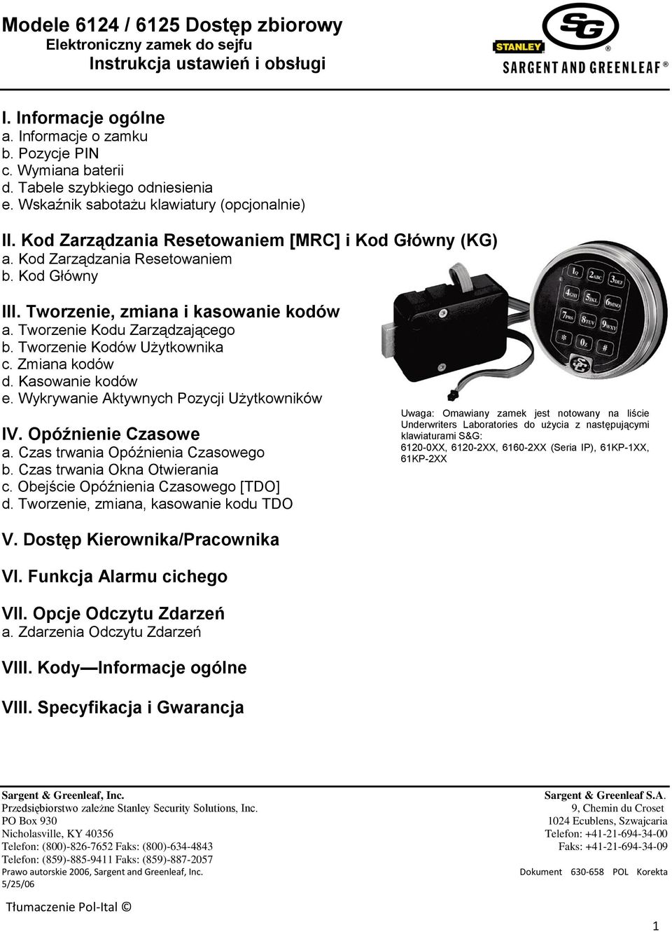 Modele 6124 / 6125 Dostęp zbiorowy Elektroniczny zamek do sejfu Instrukcja  ustawień i obsługi - PDF Darmowe pobieranie