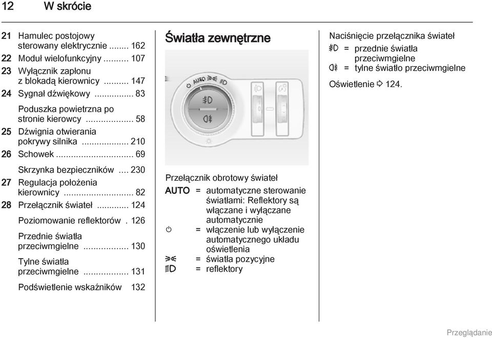 .. 82 28 Przełącznik świateł... 124 Poziomowanie reflektorów. 126 Przednie światła przeciwmgielne... 130 Tylne światła przeciwmgielne.