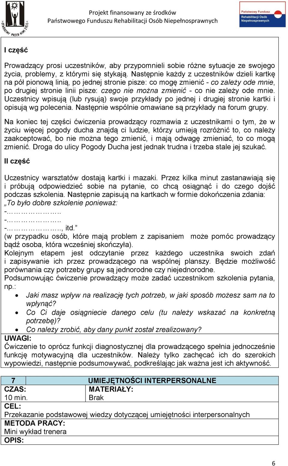 zależy ode mnie. Uczestnicy wpisują (lub rysują) swoje przykłady po jednej i drugiej stronie kartki i opisują wg polecenia. Następnie wspólnie omawiane są przykłady na forum grupy.