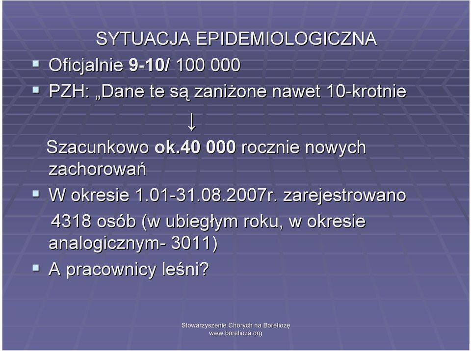 40 000 rocznie nowych zachorowań W okresie 1.01-31.08.2007r.