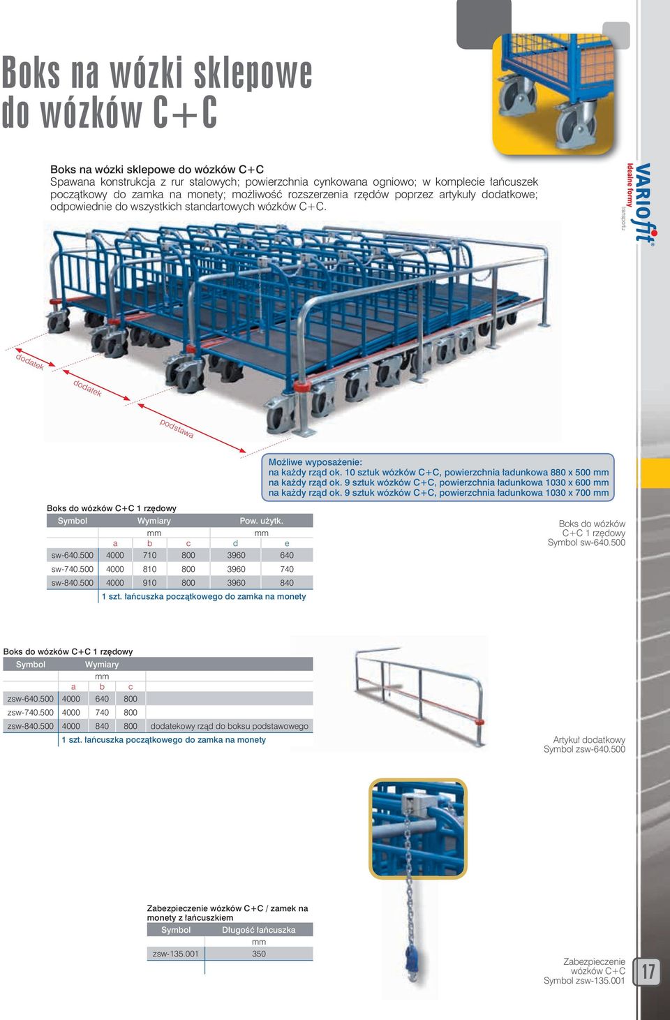 10 sztuk wózków C+C, powierzchnia ładunkowa 880 x 500 mm na każdy rząd ok. 9 sztuk wózków C+C, powierzchnia ładunkowa 1030 x 600 mm na każdy rząd ok.