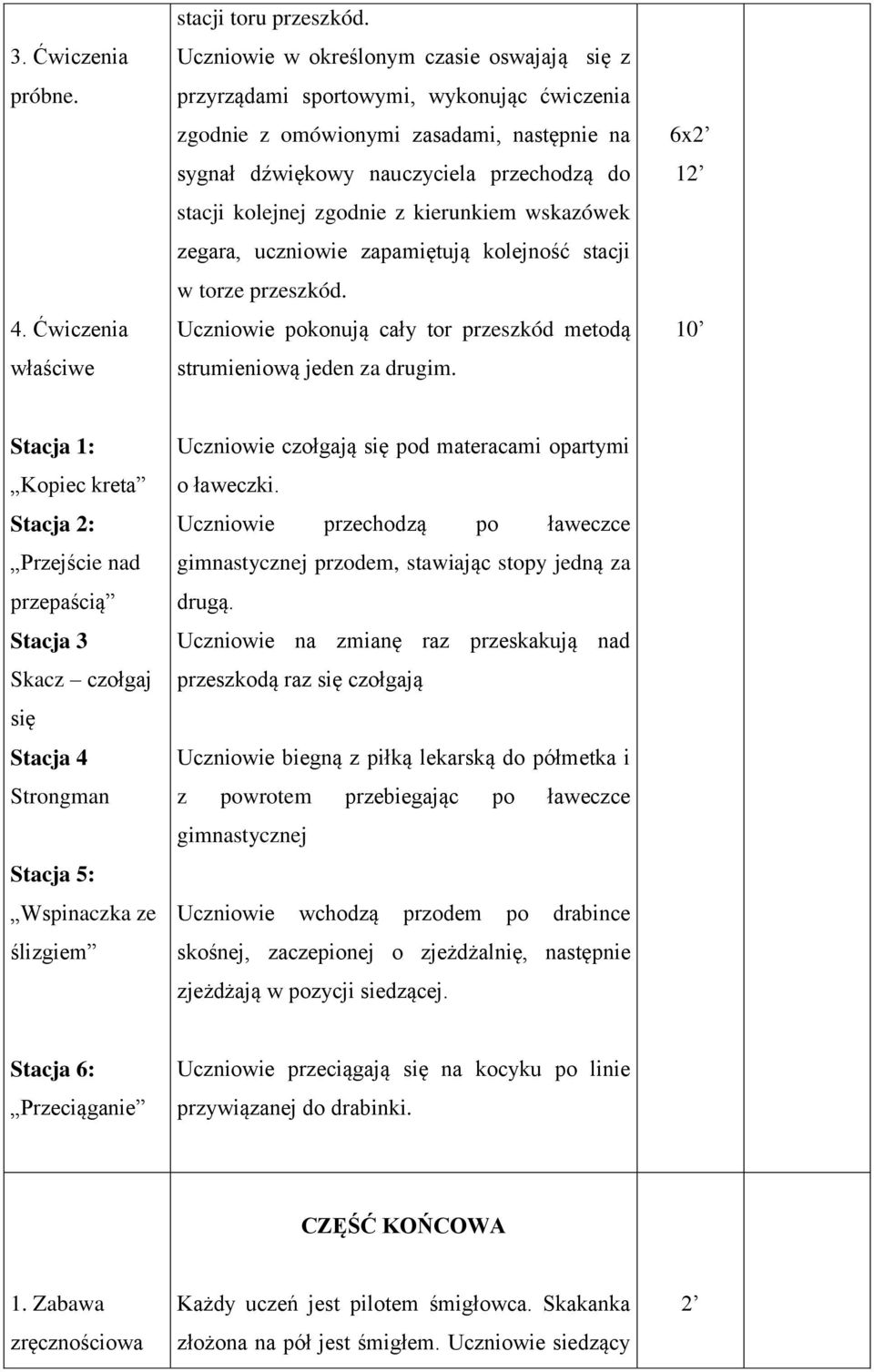 z kierunkiem wskazówek zegara, uczniowie zapamiętują kolejność stacji w torze przeszkód. Uczniowie pokonują cały tor przeszkód metodą strumieniową jeden za drugim.