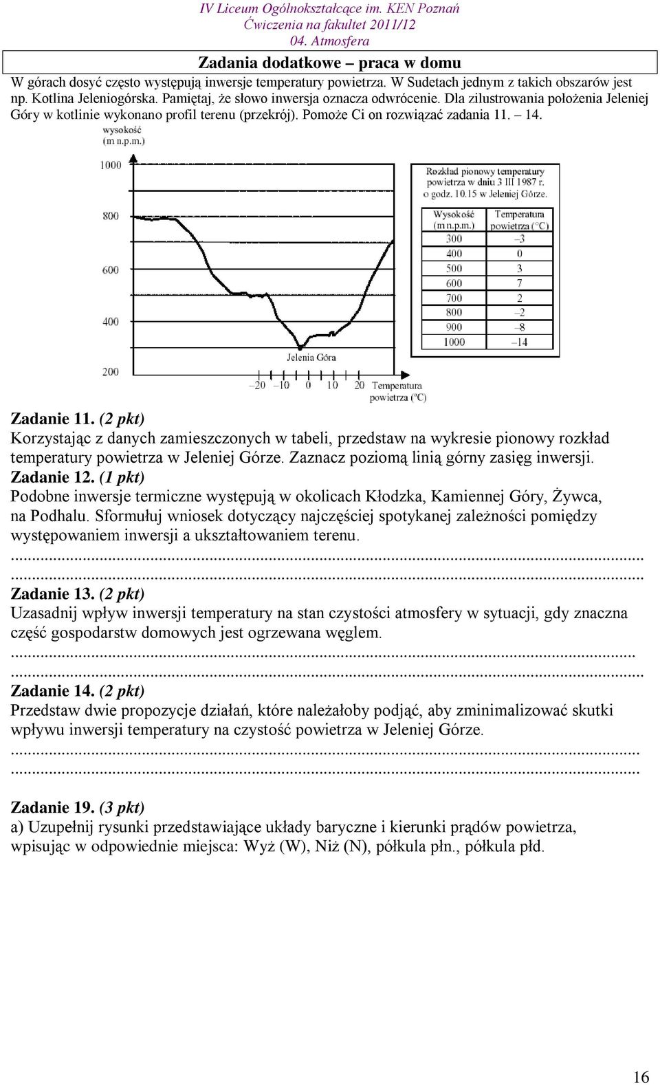 (2 pkt) Korzystając z danych zamieszczonych w tabeli, przedstaw na wykresie pionowy rozkład temperatury powietrza w Jeleniej Górze. Zaznacz poziomą linią górny zasięg inwersji. Zadanie 12.