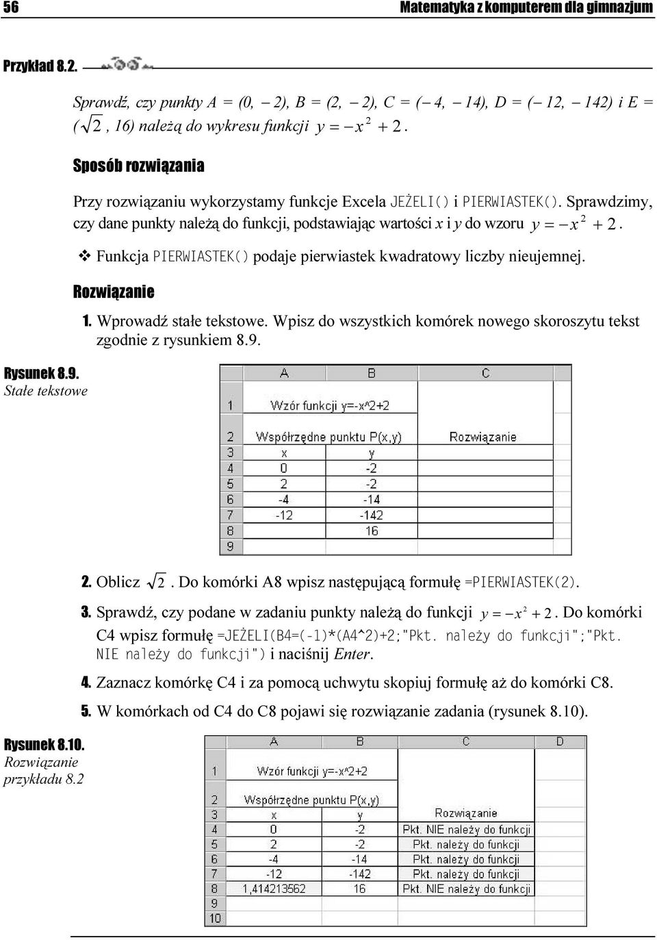 Sposób rozwiązania Przy rozwiązaniu wykorzystamy funkcje Excela i. Sprawdzimy, czy dane punkty należą do funkcji, podstawiając wartości x i y do wzoru y = x 2 + 2.