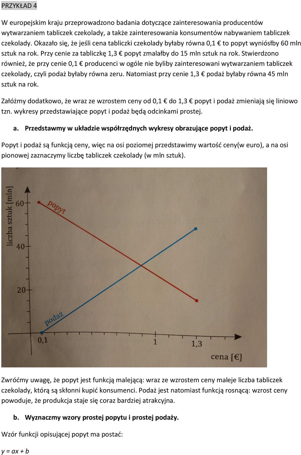 Stwierdzono również, że przy cenie 0,1 producenci w ogóle nie byliby zainteresowani wytwarzaniem tabliczek czekolady, czyli podaż byłaby równa zeru.