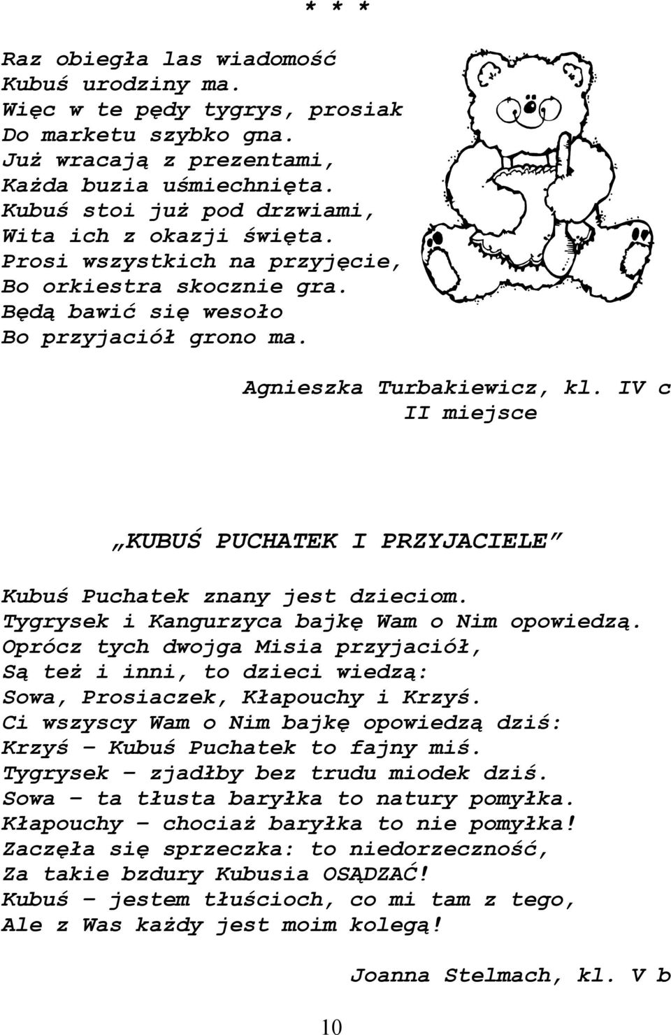 IV c II miejsce KUBUŚ PUCHATEK I PRZYJACIELE Kubuś Puchatek znany jest dzieciom. Tygrysek i Kangurzyca bajkę Wam o Nim opowiedzą.