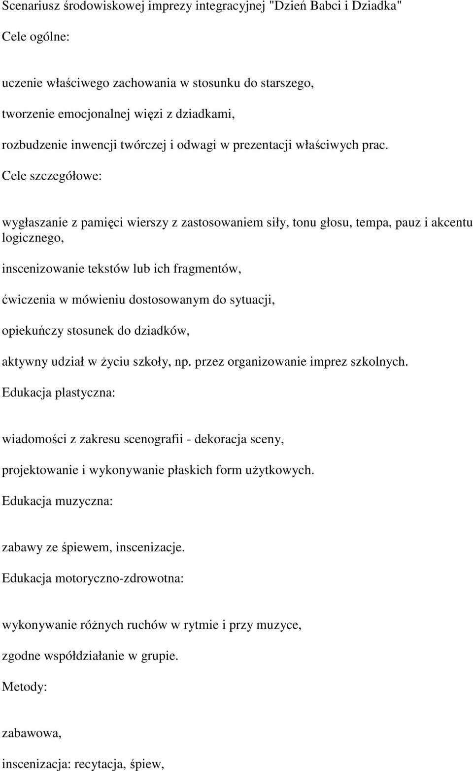 Cele szczegółowe: wygłaszanie z pamięci wierszy z zastosowaniem siły, tonu głosu, tempa, pauz i akcentu logicznego, inscenizowanie tekstów lub ich fragmentów, ćwiczenia w mówieniu dostosowanym do