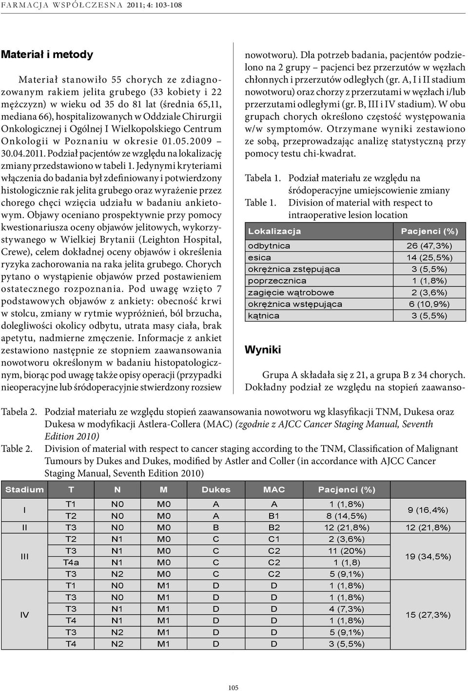 Jedynymi kryteriami włączenia do badania był zdefiniowany i potwierdzony histologicznie rak jelita grubego oraz wyrażenie przez chorego chęci wzięcia udziału w badaniu ankietowym.