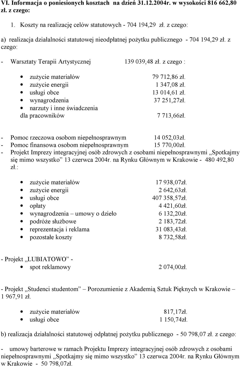 zużycie energii 1 347,08 zł. usługi obce 13 014,61 zł. wynagrodzenia 37 251,27zł. narzuty i inne świadczenia dla pracowników 7 713,66zł. - Pomoc rzeczowa osobom niepełnosprawnym 14 052,03zł.