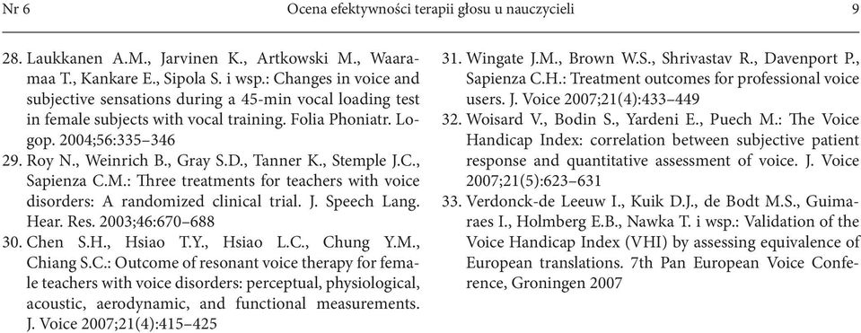 , Tanner K., Stemle J.C., Saienza C.M.: Three treatments for teachers with voice disorders: A randomized clinical trial. J. Seech Lang. Hear. Res. 2003;46:670 688 30. Chen S.H., Hsiao T.Y., Hsiao L.C., Chung Y.