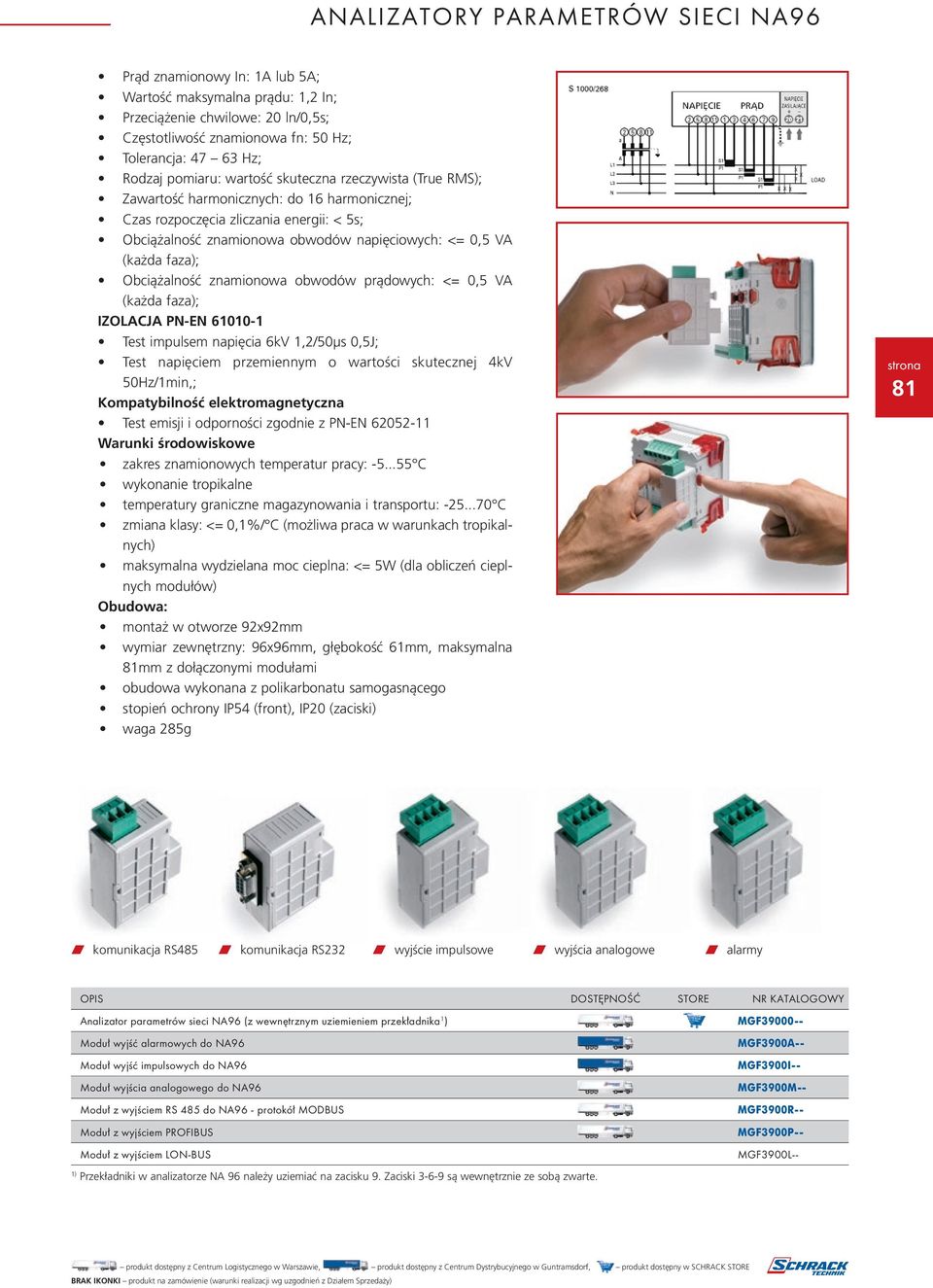 (każda faza); Obciążalność znamionowa obwodów prądowych: <= 0,5 VA (każda faza); IZOLACJA PN-EN 61010-1 Test impulsem napięcia 6kV 1,2/50μs 0,5J; Test napięciem przemiennym o wartości skutecznej 4kV