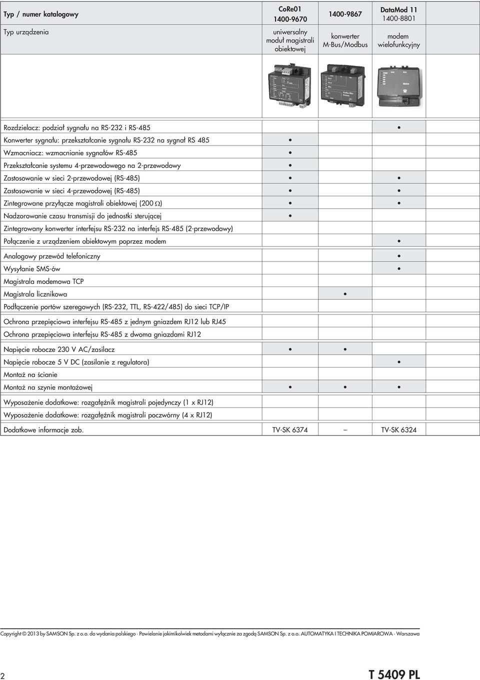 sieci 2-przewodowej (RS-485) Zastosowanie w sieci 4-przewodowej (RS-485) Zintegrowane przy³¹cze magistrali obiektowej (200 ) Nadzorowanie czasu transmisji do jednostki steruj¹cej Zintegrowany