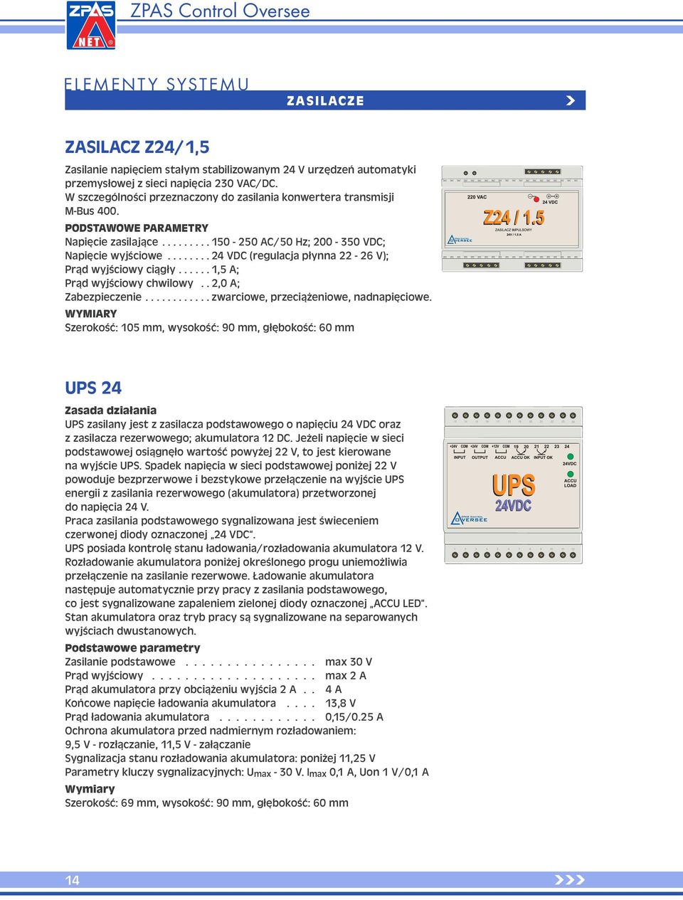 ....... 24 VDC (regulacja płynna 22-26 V); Prąd wyjściowy ciągły...... 1,5 A; Prąd wyjściowy chwilowy.. 2,0 A; Zabezpieczenie............ zwarciowe, przeciążeniowe, nadnapięciowe.