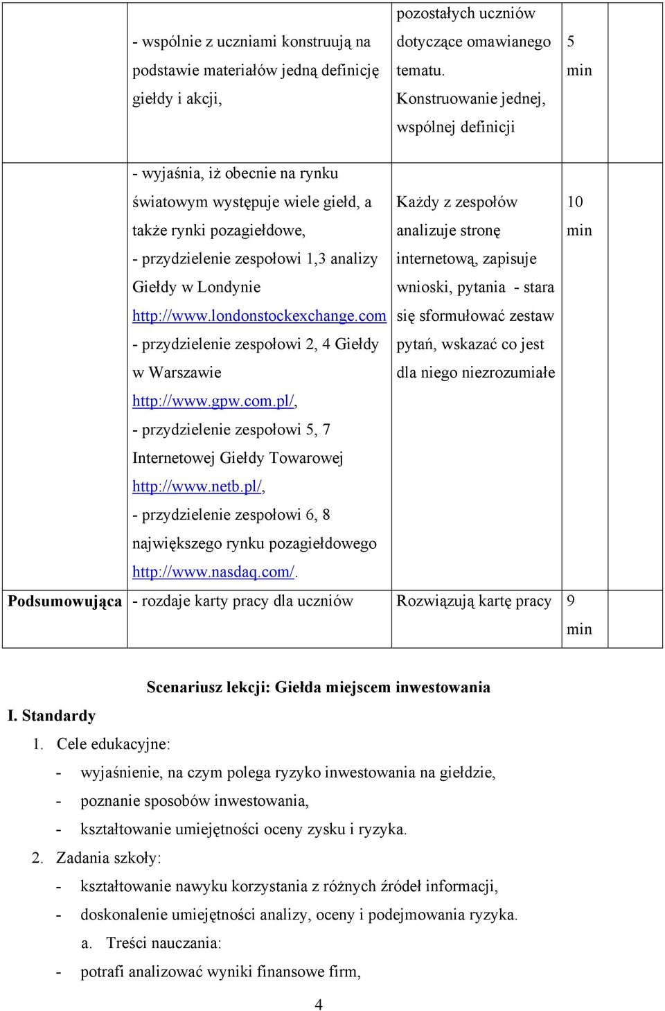 1,3 analizy Giełdy w Londynie http://www.londonstockexchange.com - przydzielenie zespołowi 2, 4 Giełdy w Warszawie http://www.gpw.com.pl/, - przydzielenie zespołowi 5, 7 Internetowej Giełdy Towarowej http://www.