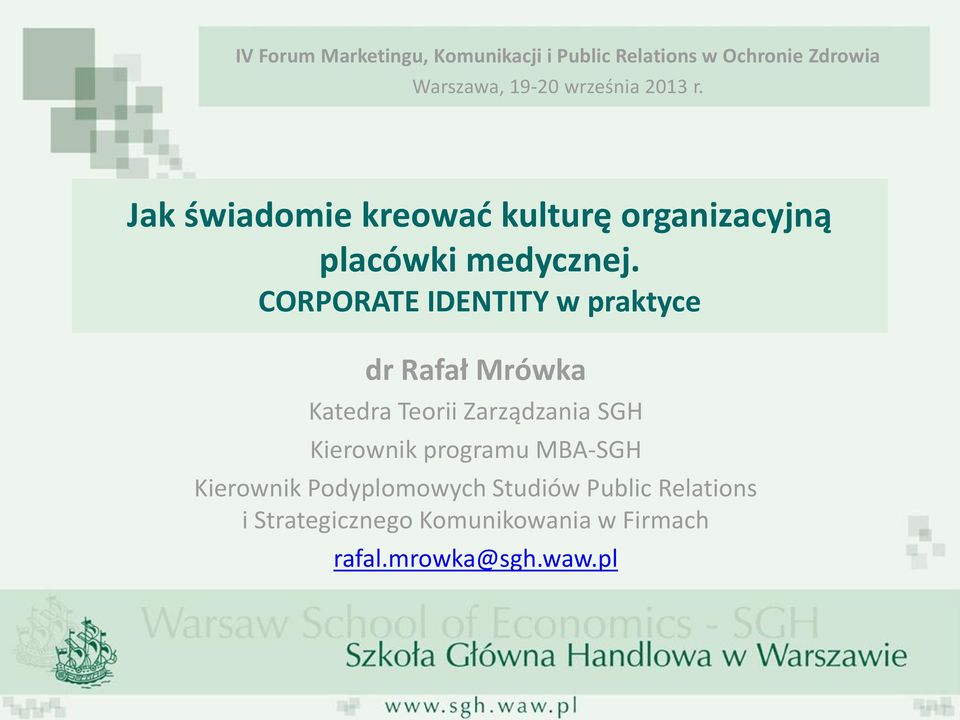 CORPORATE IDENTITY w praktyce dr Rafał Mrówka Katedra Teorii Zarządzania SGH Kierownik programu