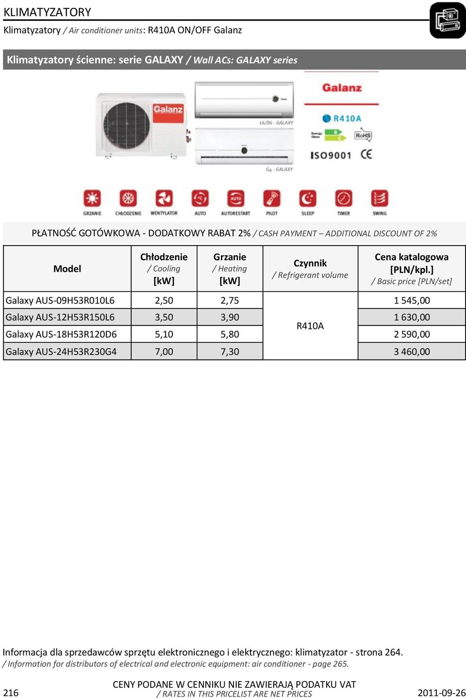 ] / Basic price [PLN/set] 1 545,00 Galaxy AUS-12H53R150L6 3,50 3,90 1 630,00 Galaxy