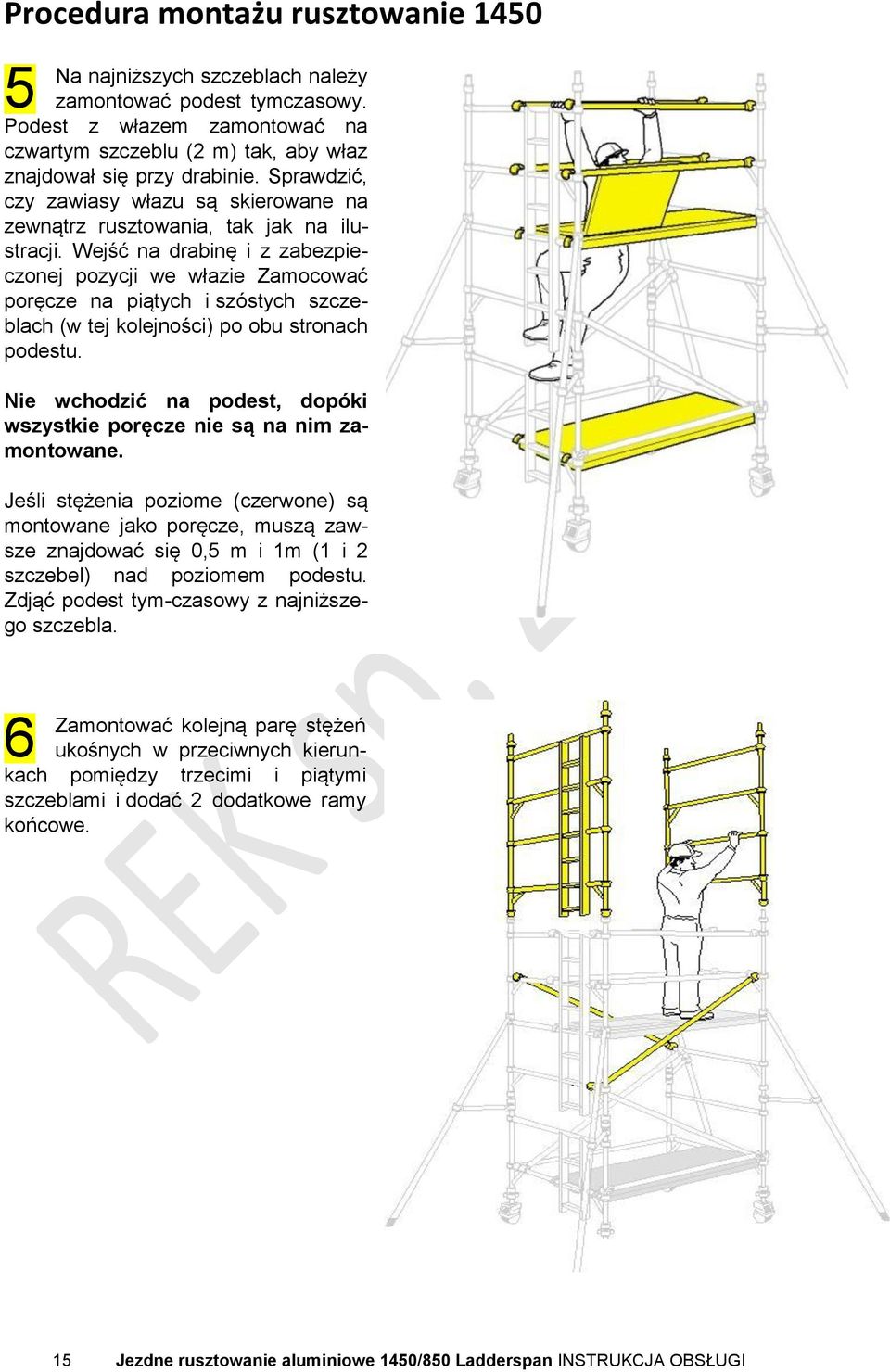 Wejść na drabinę i z zabezpieczonej pozycji we włazie Zamocować poręcze na piątych i szóstych szczeblach (w tej kolejności) po obu stronach podestu.