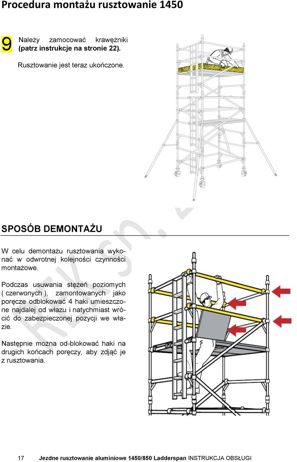 Podczas usuwania stężeń poziomych ( czerwonych ), zamontowanych jako poręcze odblokować 4 haki umieszczone najdalej od włazu i natychmiast