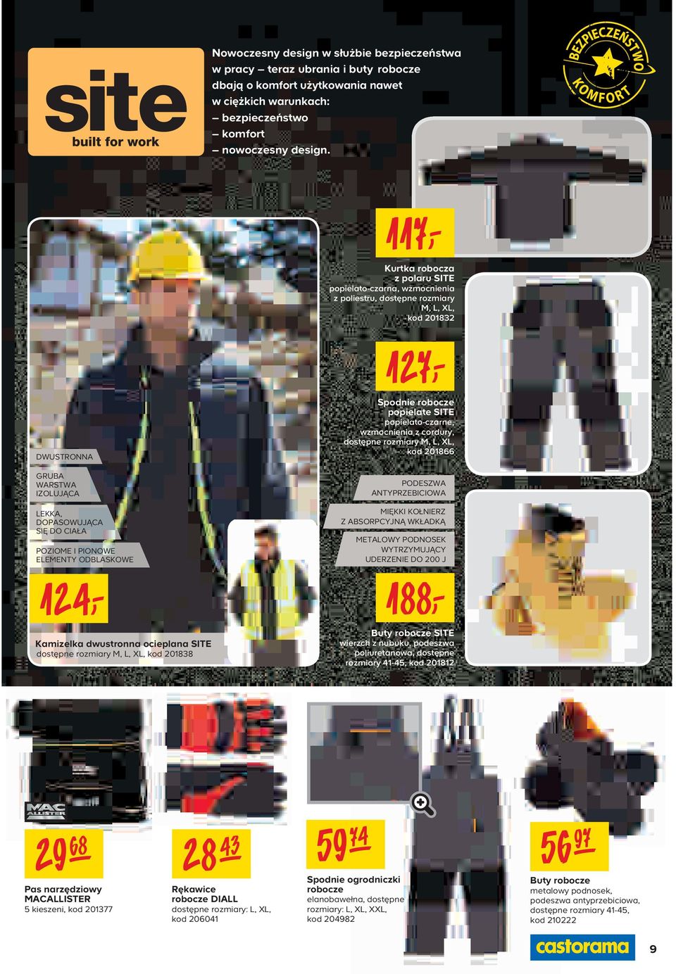 PIONOWE ELEMENTY ODBLASKOWE 124 Kamizelka dwustronna ocieplana SITE dostępne rozmiary M, L, XL, kod 201838 127 Spodnie robocze popielate SITE popielato-czarne, wzmocnienia z cordury, dostępne