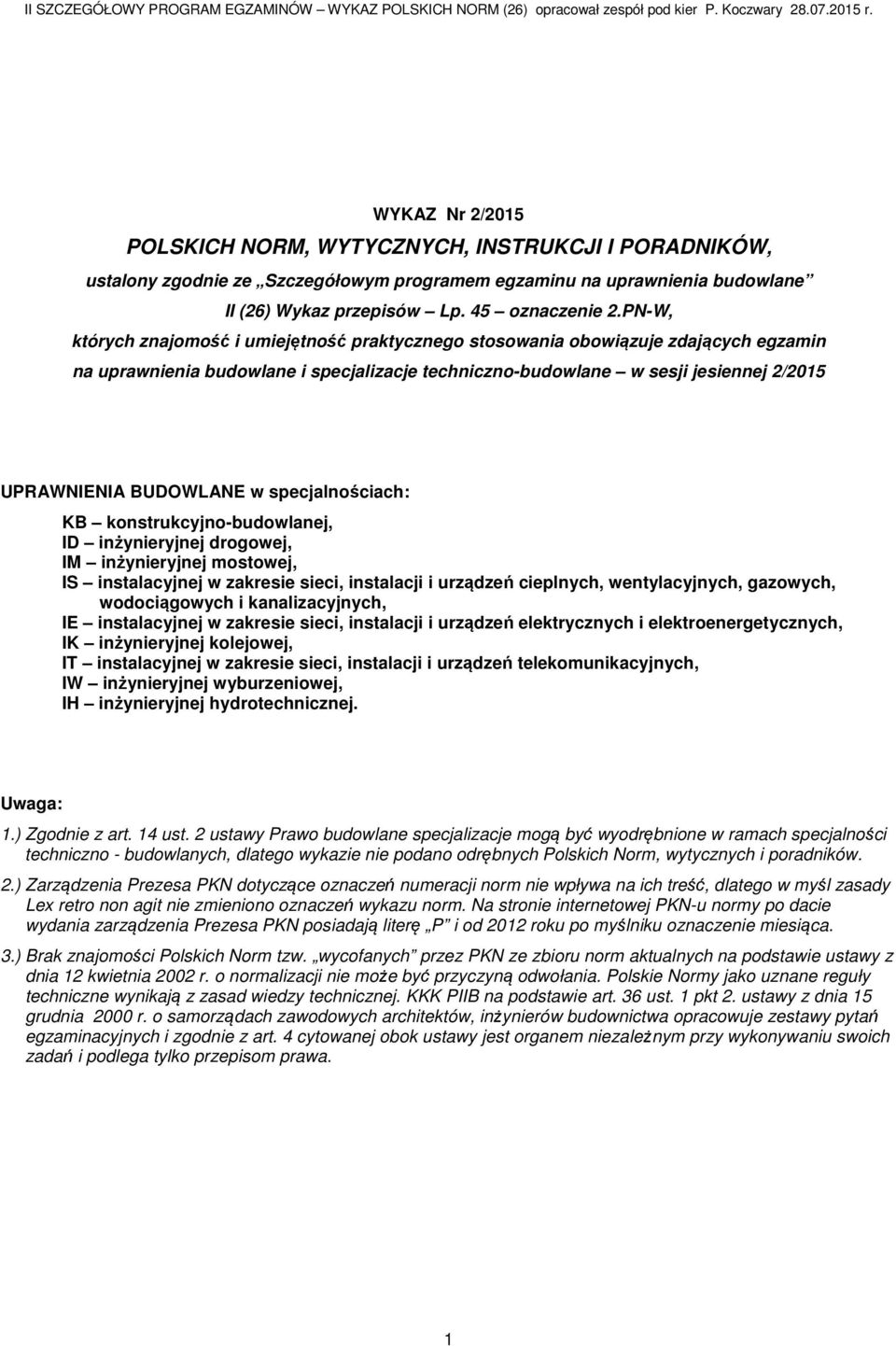 w specjalnościach: KB konstrukcyjno-budowlanej, ID inżynieryjnej drogowej, IM inżynieryjnej mostowej, IS instalacyjnej w zakresie sieci, instalacji i urządzeń cieplnych, wentylacyjnych, gazowych,