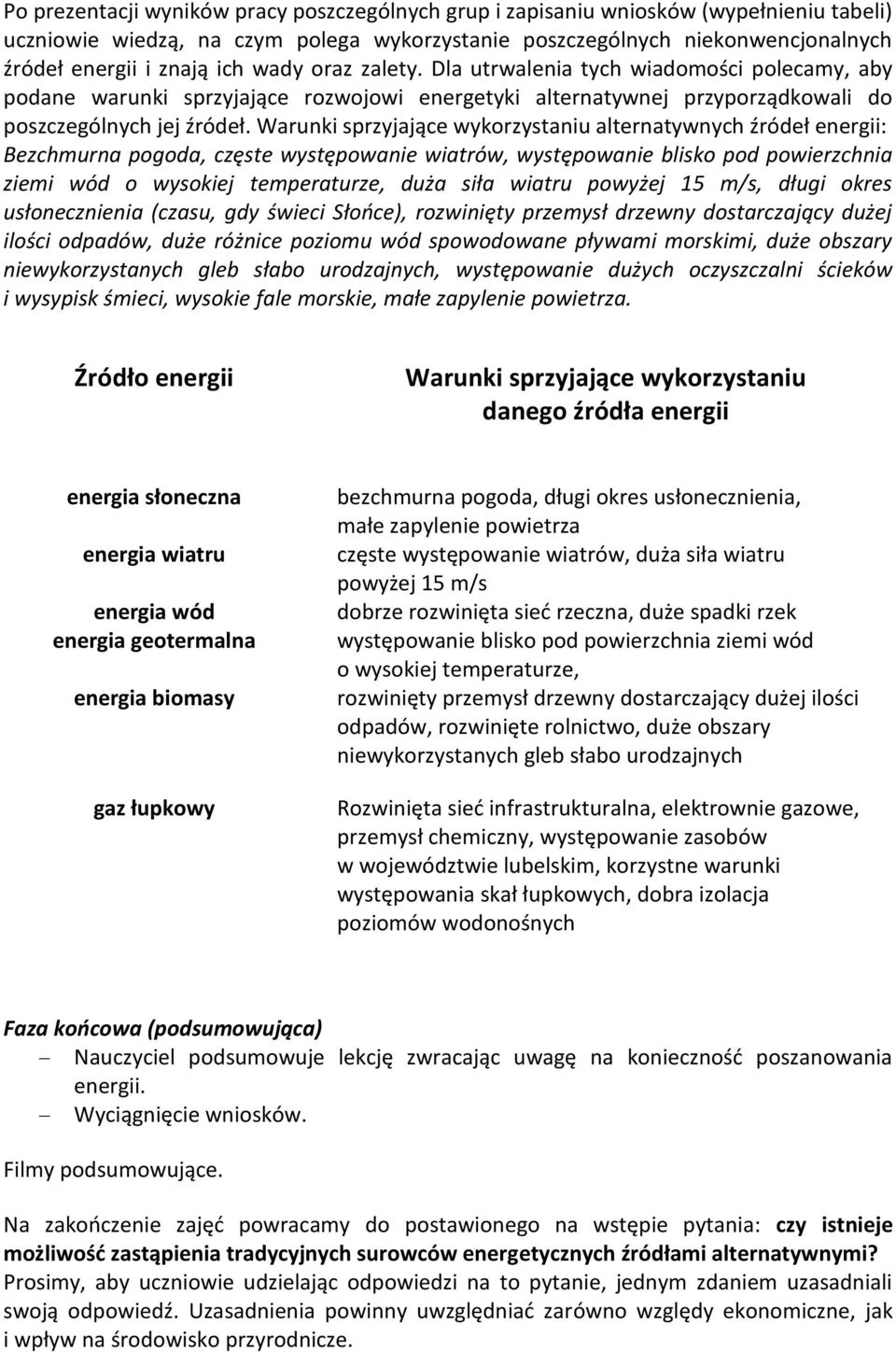 Warunki sprzyjające wykorzystaniu alternatywnych źródeł energii: Bezchmurna pogoda, częste występowanie wiatrów, występowanie blisko pod powierzchnia ziemi wód o wysokiej temperaturze, duża siła