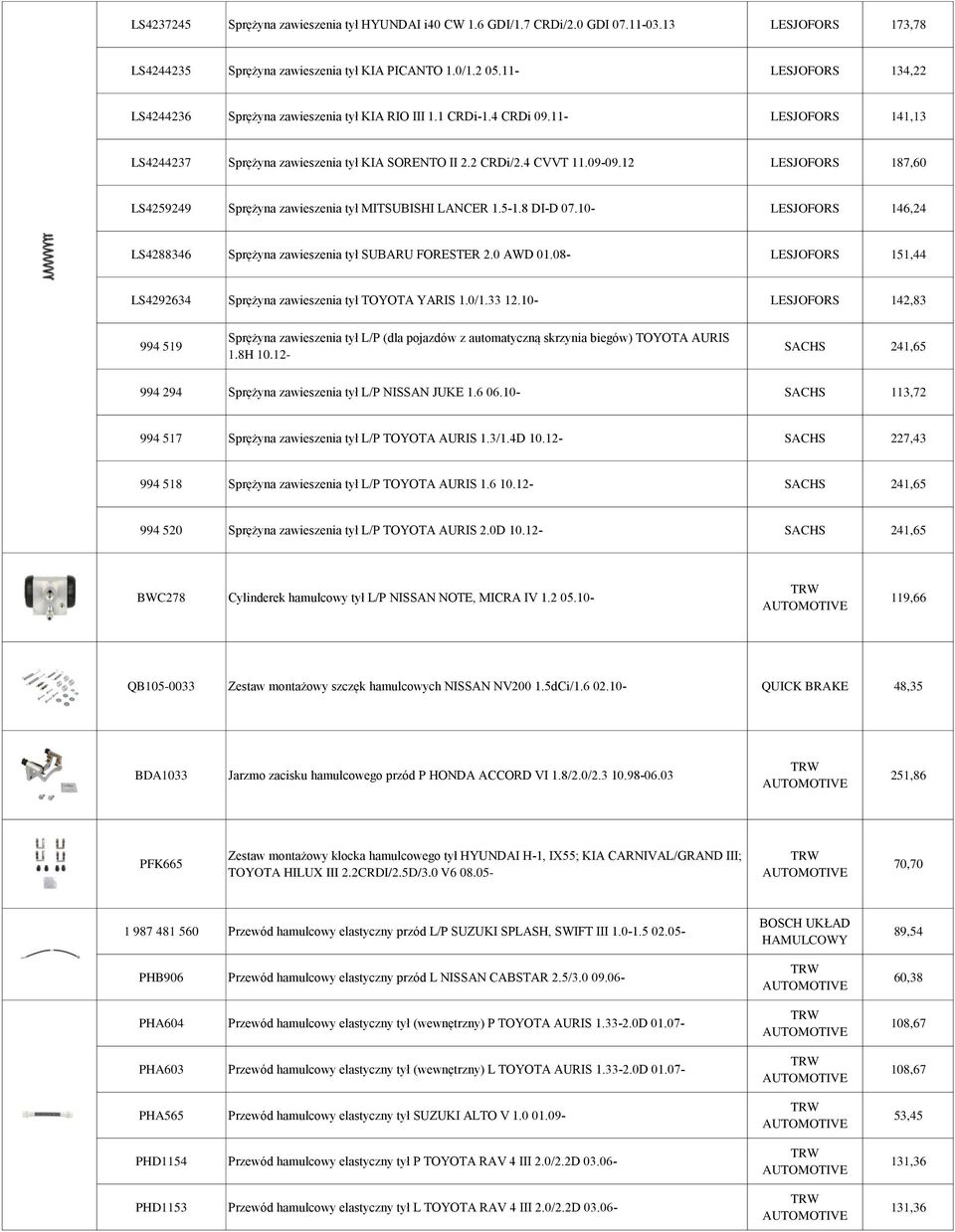 12 LESJOFORS 187,60 LS4259249 Sprężyna zawieszenia tył MITSUBISHI LANCER 1.5-1.8 DI-D 07.10- LESJOFORS 146,24 LS4288346 Sprężyna zawieszenia tył SUBARU FORESTER 2.0 AWD 01.