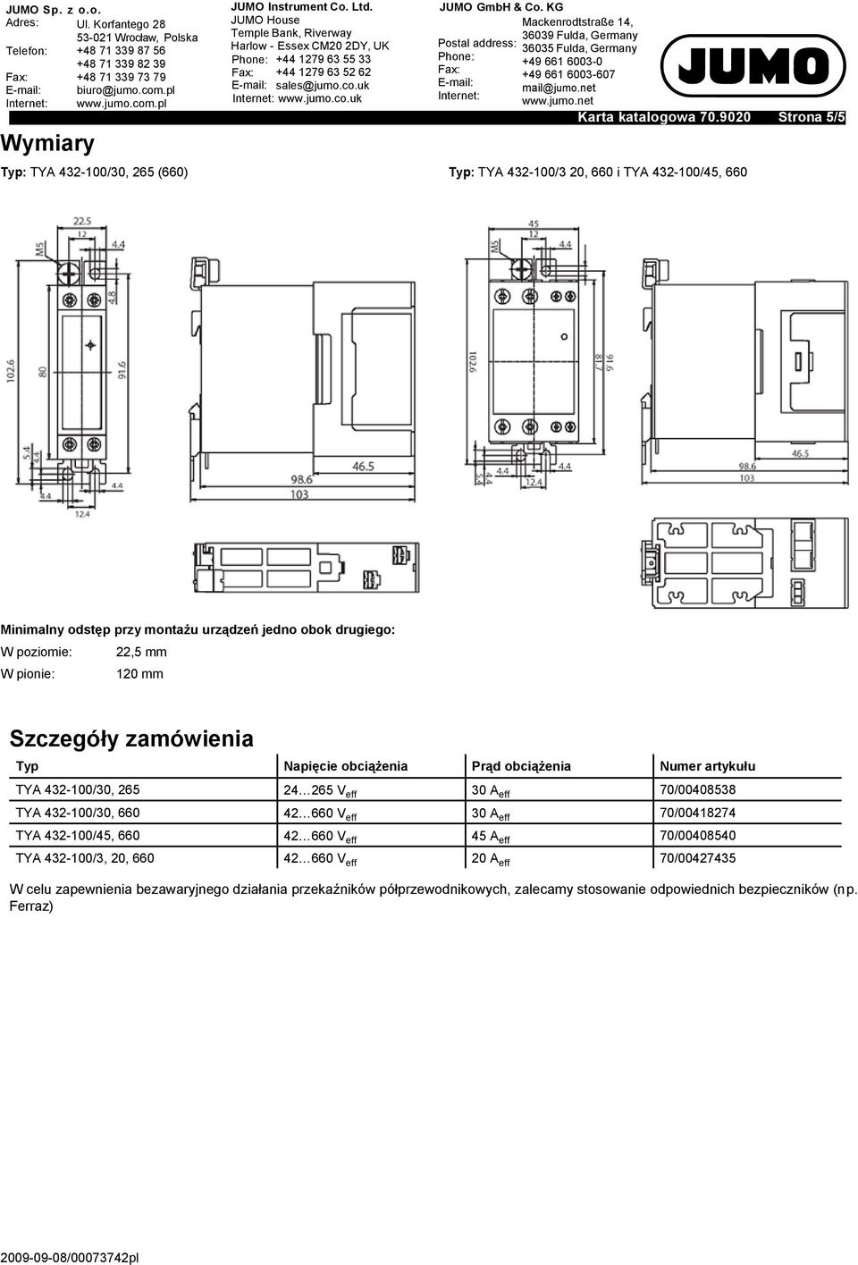 pionie: 120 mm Szczegóły zamówienia Typ Napięcie obciążenia Prąd obciążenia Numer artykułu TYA 432-100/30, 265 24 265 V eff 30 A eff 70/00408538 TYA 432-100/30, 660 42 660 V eff