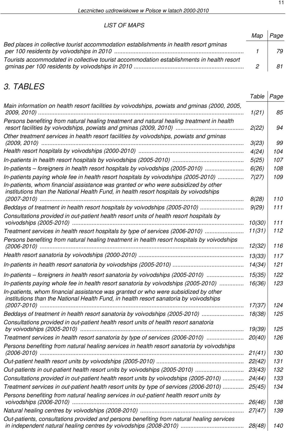 TABLES Table Page Main information on health resort facilities by voivodships, powiats and gminas (2000, 2005, 2009, 2010).