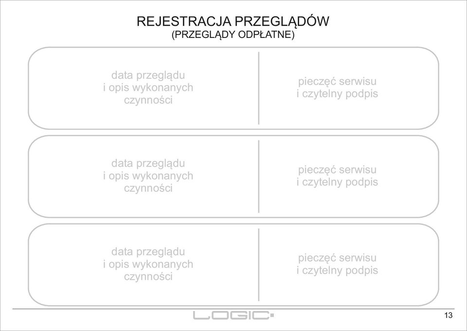 i opis  i opis wykonanych czynności pieczęć serwisu i czytelny podpis