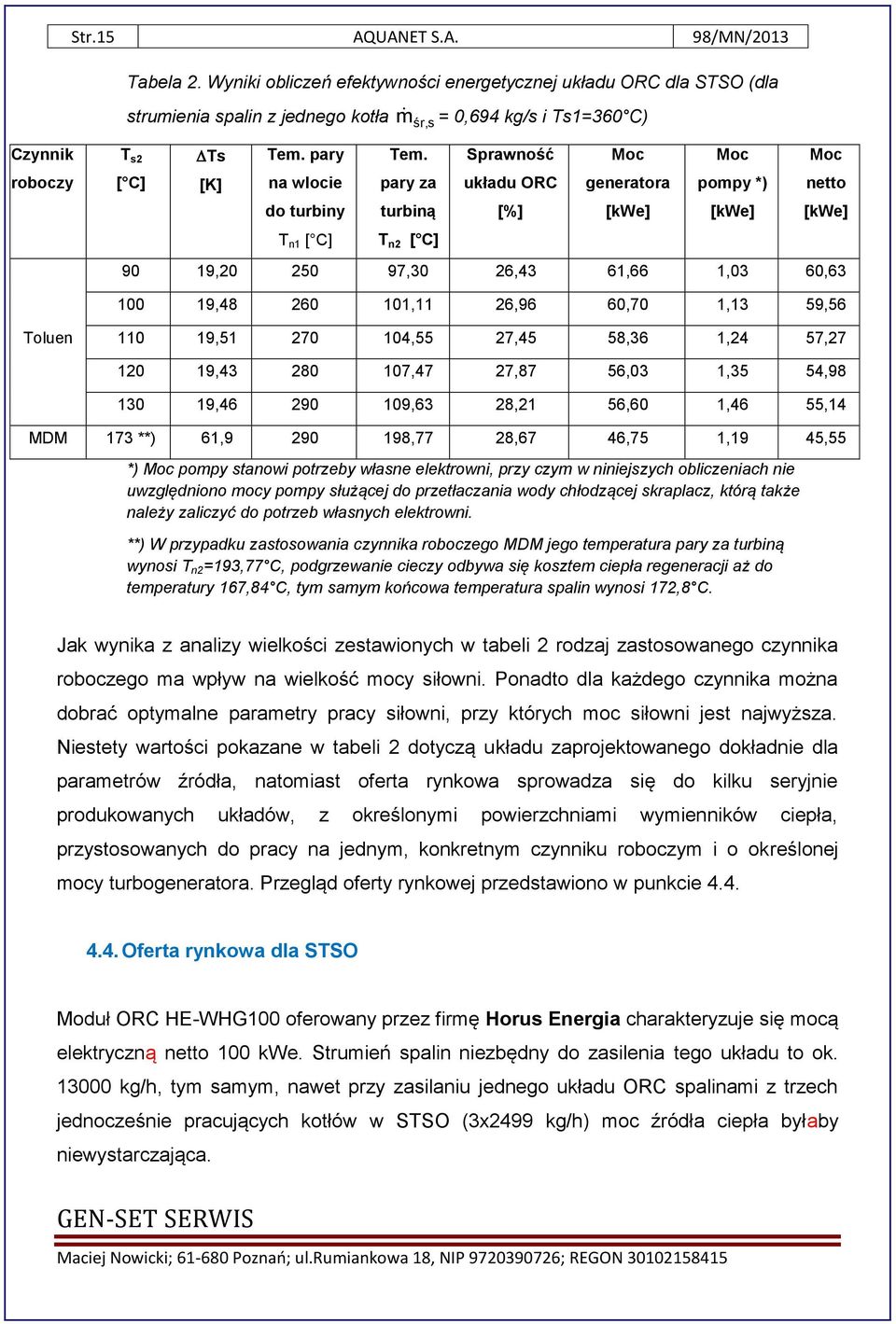Sprawność Moc Moc Moc [ C] [K] na wlocie pary za układu ORC generatora pompy *) netto do turbiny turbiną [%] [kwe] [kwe] [kwe] T n1 [ C] T n2 [ C] 90 19,20 250 97,30 26,43 61,66 1,03 60,63 100 19,48