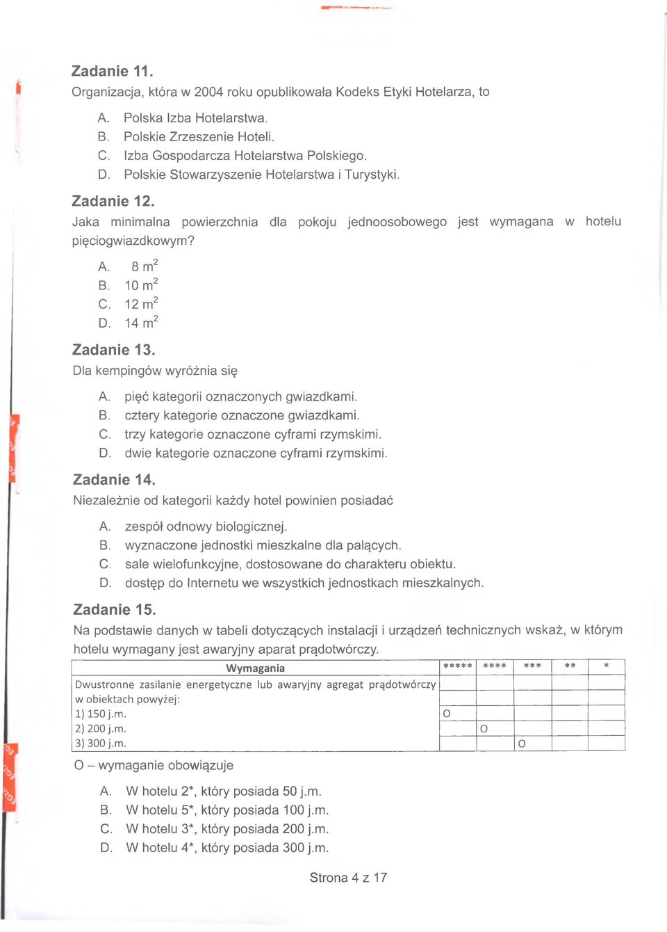 14 m2 Zadanie 13. Dla kempingów wyróżnia się A. pięć kategorii oznaczonych gwiazdkami. B. cztery kategorie oznaczone gwiazdkami. C. trzy kategorie oznaczone cyframi rzymskimi. D. dwie kategorie oznaczone cyframi rzymskimi.