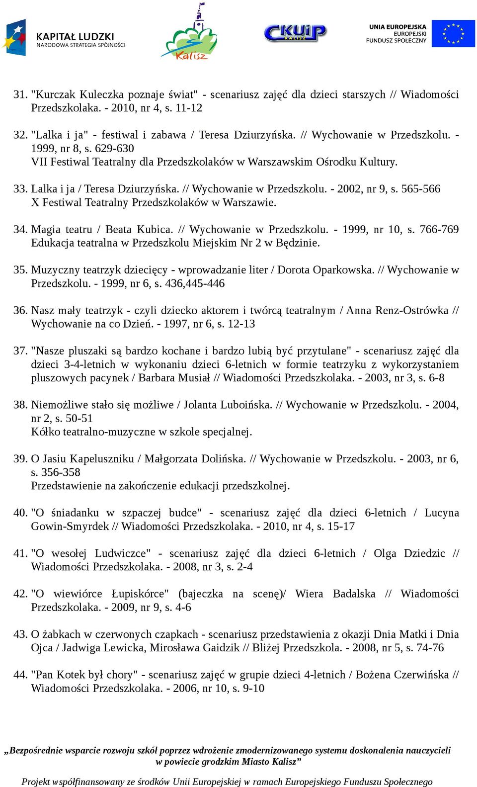 - 2002, nr 9, s. 565-566 X Festiwal Teatralny Przedszkolaków w Warszawie. 34. Magia teatru / Beata Kubica. // Wychowanie w Przedszkolu. - 1999, nr 10, s.