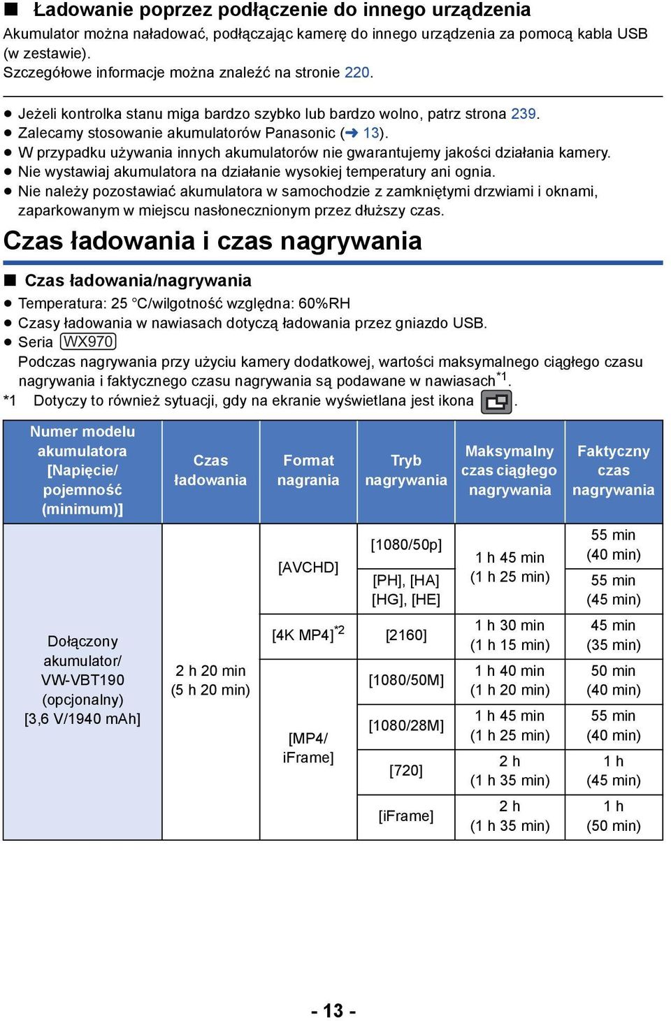 W przypadku używania innych akumulatorów nie gwarantujemy jakości działania kamery. Nie wystawiaj akumulatora na działanie wysokiej temperatury ani ognia.