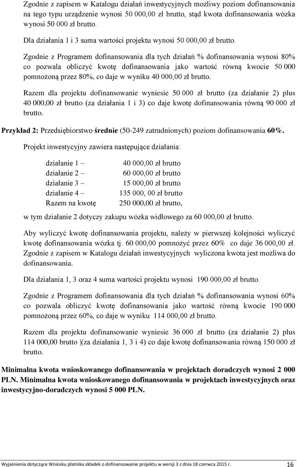 Zgodnie z Programem dofinansowania dla tych działań % dofinansowania wynosi 80% co pozwala obliczyć kwotę dofinansowania jako wartość równą kwocie 50 000 pomnożoną przez 80%, co daje w wyniku 40