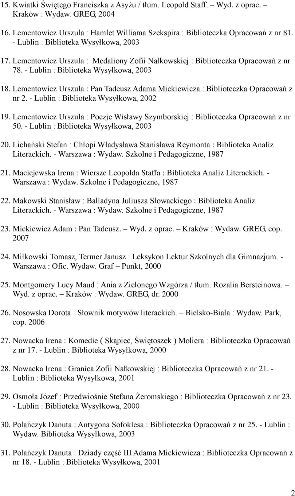 Lementowicz Urszula : Pan Tadeusz Adama Mickiewicza : Biblioteczka Opracowań z nr 2. - Lublin : Biblioteka Wysyłkowa, 2002 19.