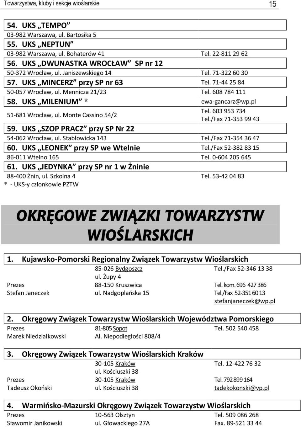 UKS MILENIUM * ewa-gancarz@wp.pl Tel. 603 953 734 51-681 Wrocław, ul. Monte Cassino 54/2 Tel./Fax 71-353 99 43 59. UKS SZOP PRACZ przy SP Nr 22 54-062 Wrocław, ul. Stabłowicka 143 Tel.