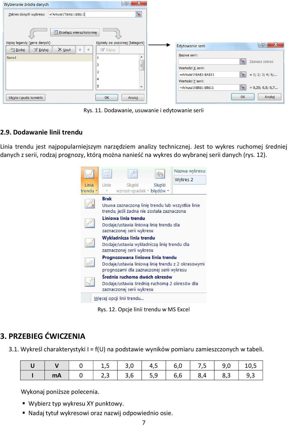 . Rys. 12. Opcje linii trendu w MS Excel 3. PRZEBIEG ĆWICZENIA 3.1. Wykreśl charakterystyki I = f(u) na podstawie wyników pomiaru zamieszczonych w tabeli.