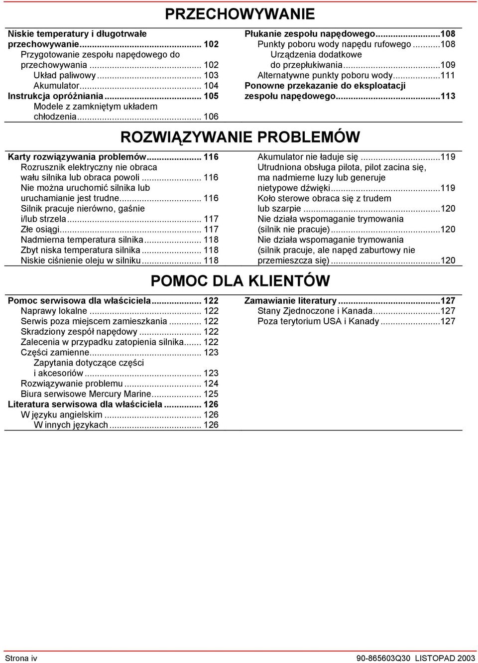 .. 116 Nie można uruchomić silnika lub uruchamianie jest trudne... 116 Silnik pracuje nierówno, gaśnie i/lub strzela... 117 Złe osiągi... 117 Nadmierna temperatura silnika.