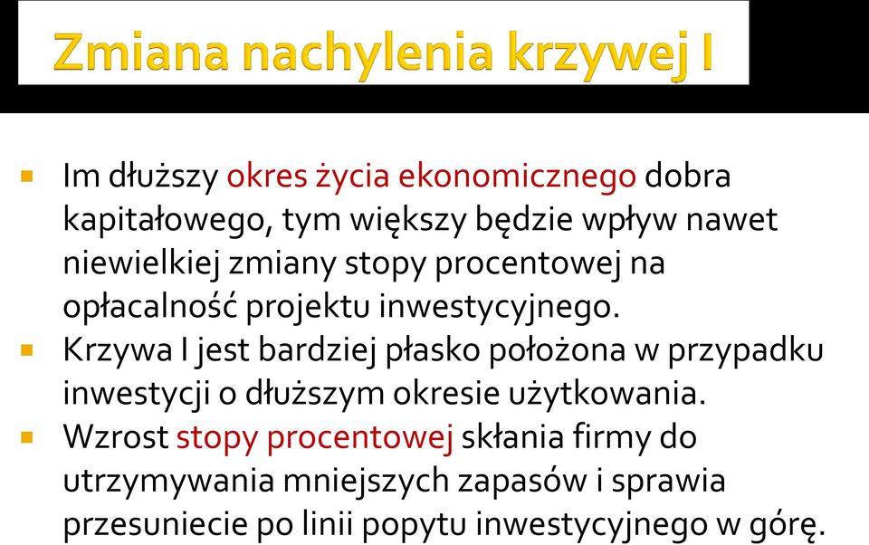 Krzywa I jest bardziej płasko położona w przypadku inwestycji o dłuższym okresie użytkowania.