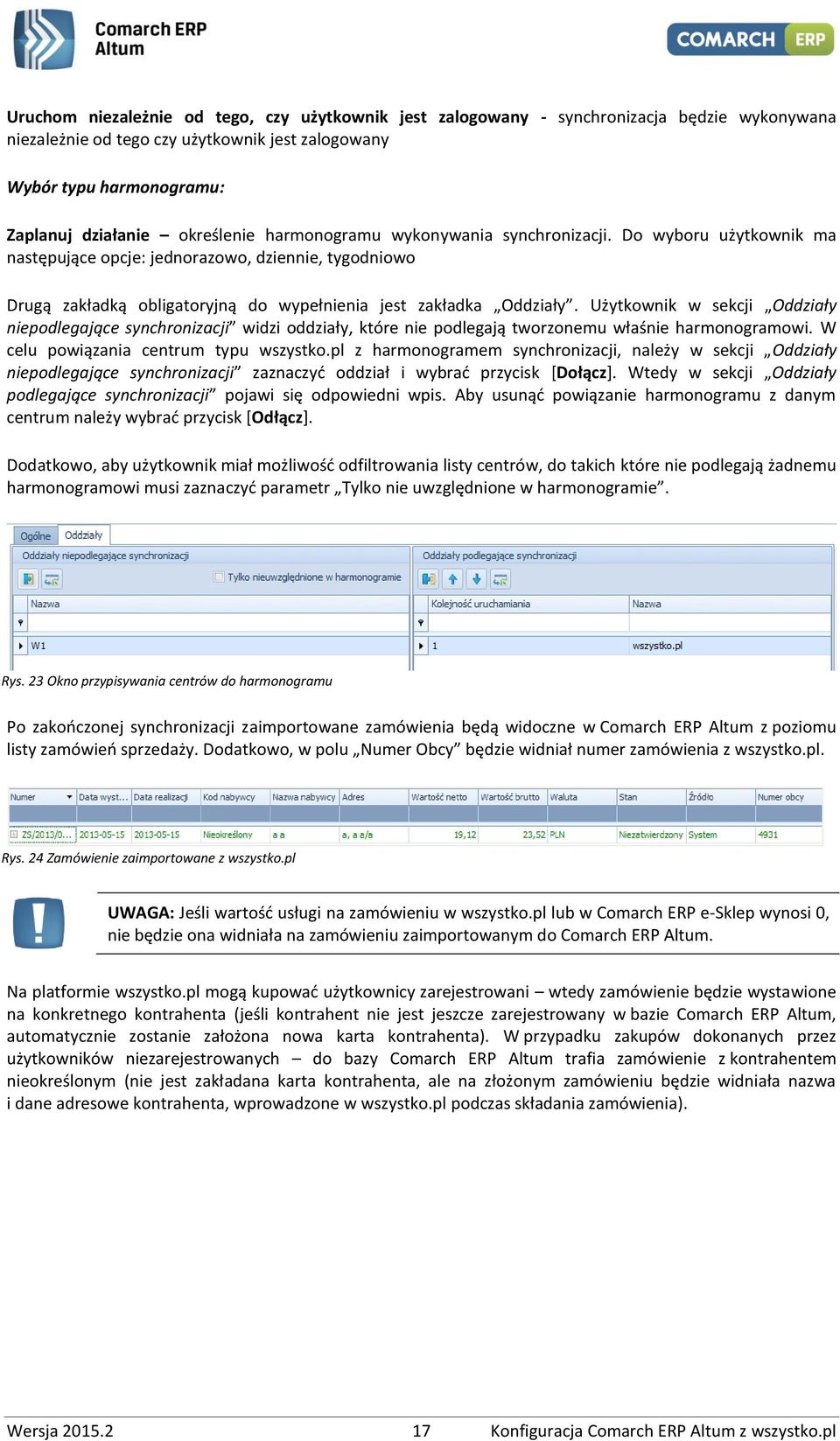 Użytkownik w sekcji Oddziały niepodlegające synchronizacji widzi oddziały, które nie podlegają tworzonemu właśnie harmonogramowi. W celu powiązania centrum typu wszystko.