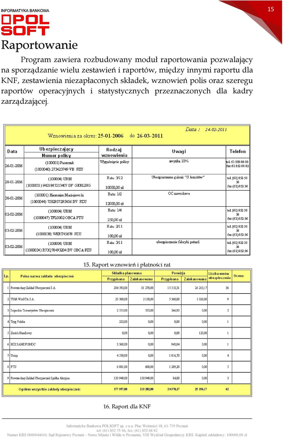 niezapłaconych składek, wznowień polis oraz szeregu raportów operacyjnych i