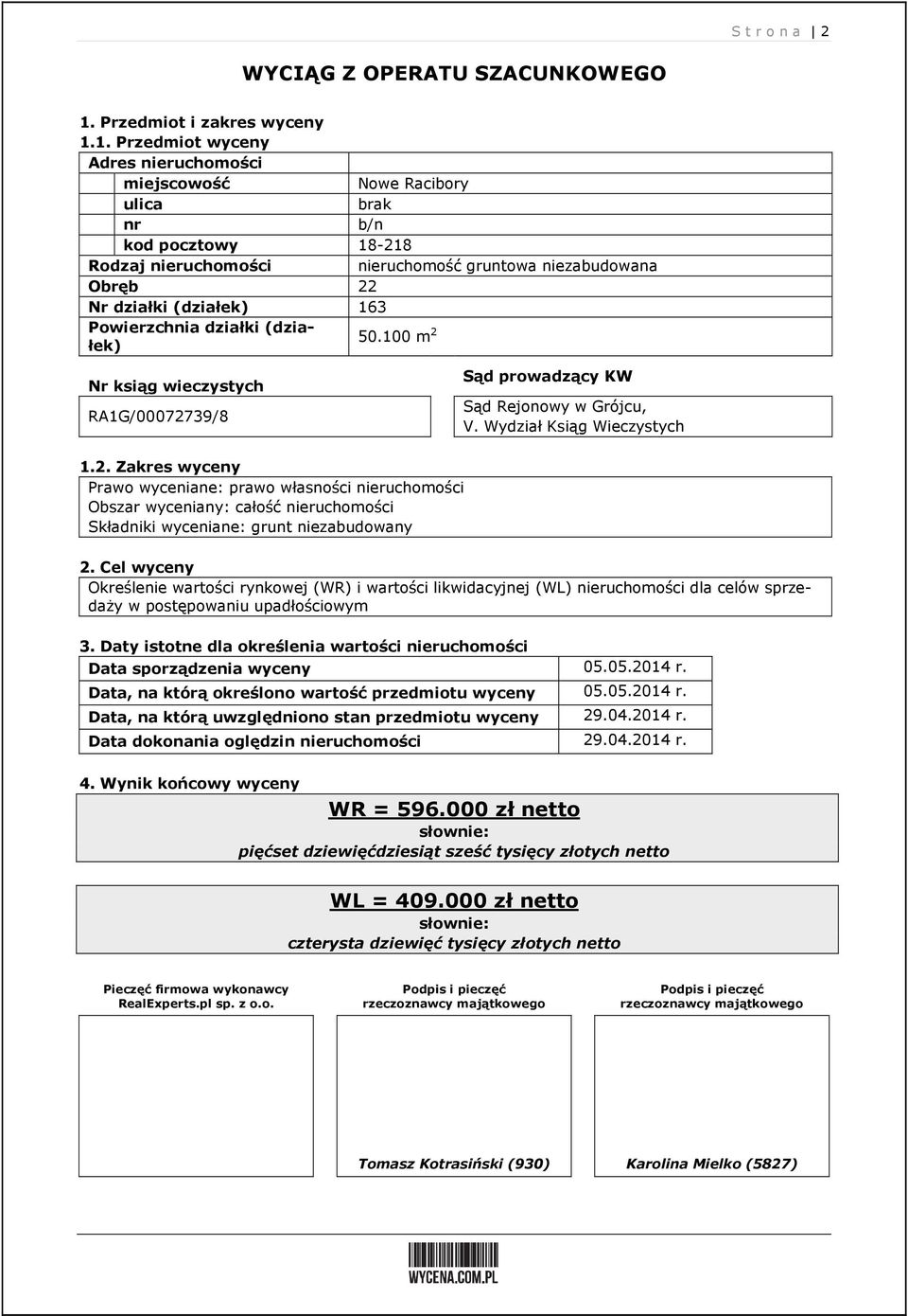 1. Przedmiot wyceny Adres nieruchomości miejscowość Nowe Racibory ulica brak nr b/n kod pocztowy 18-218 Rodzaj nieruchomości nieruchomość gruntowa niezabudowana Obręb 22 Nr działki (działek) 163
