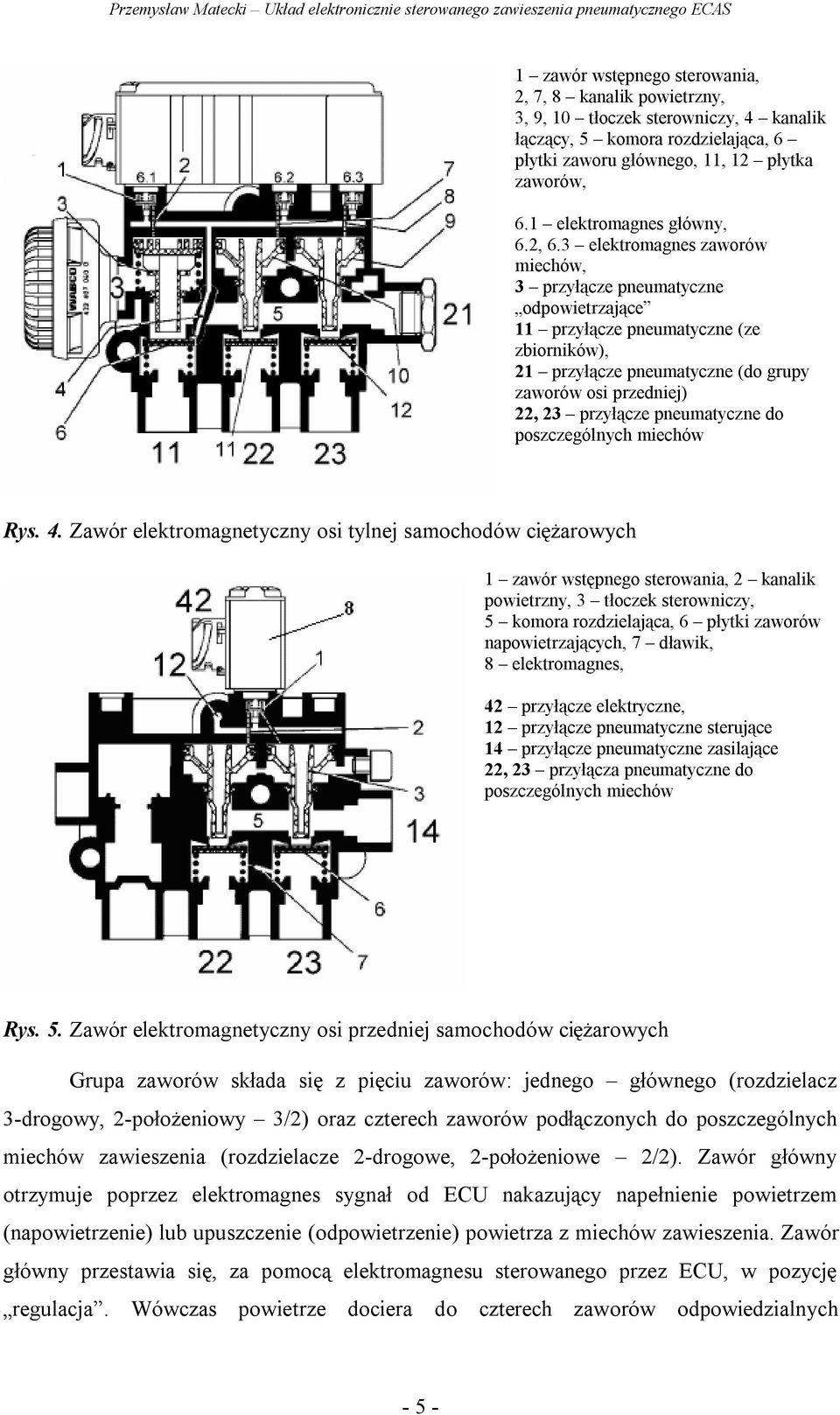 3 elektromagnes zaworów miechów, 3 przyłącze pneumatyczne odpowietrzające 11 przyłącze pneumatyczne (ze zbiorników), 21 przyłącze pneumatyczne (do grupy zaworów osi przedniej) 22, 23 przyłącze