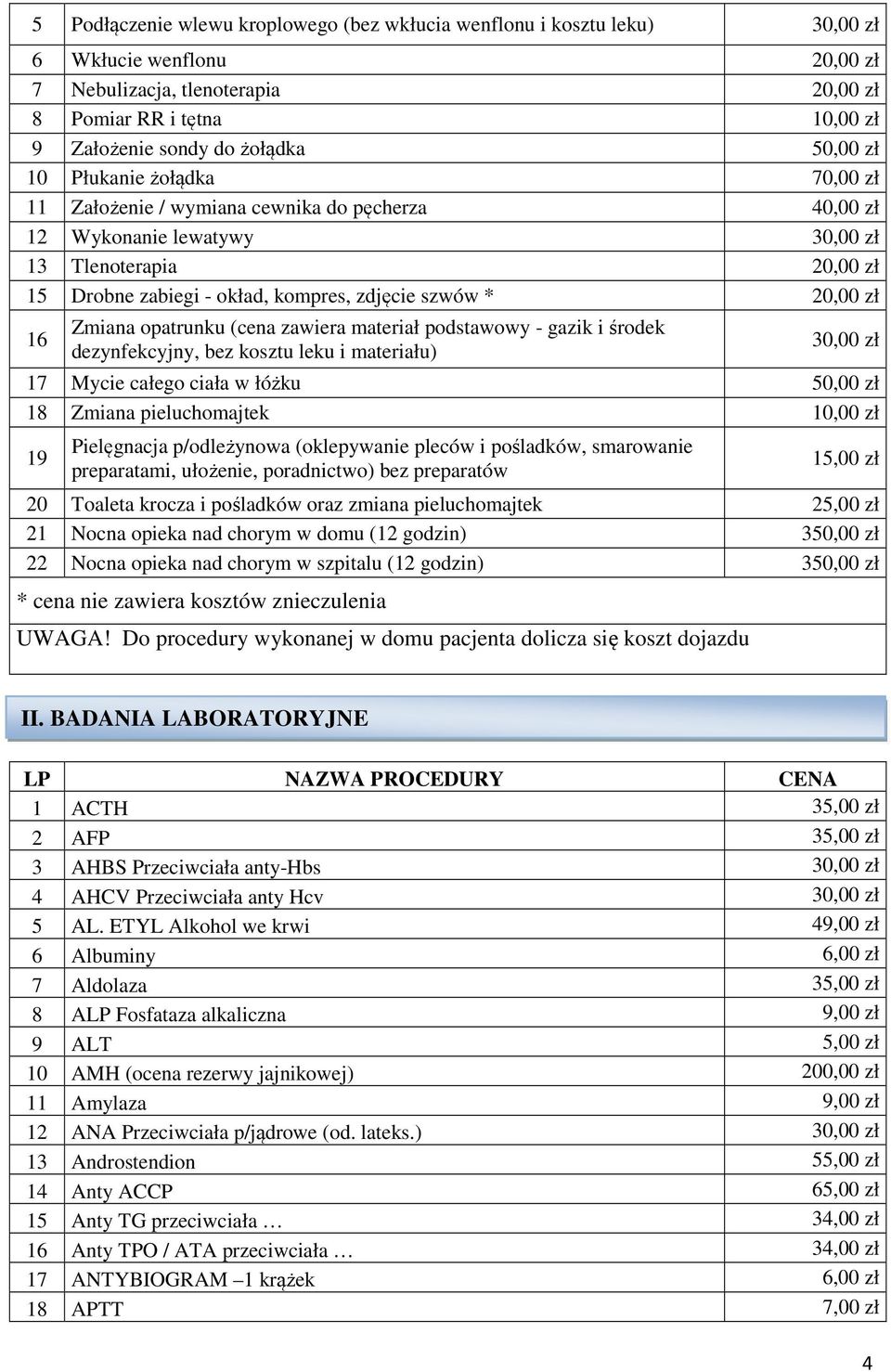 20,00 zł 16 Zmiana opatrunku (cena zawiera materiał podstawowy - gazik i środek dezynfekcyjny, bez kosztu leku i materiału) 30,00 zł 17 Mycie całego ciała w łóżku 50,00 zł 18 Zmiana pieluchomajtek