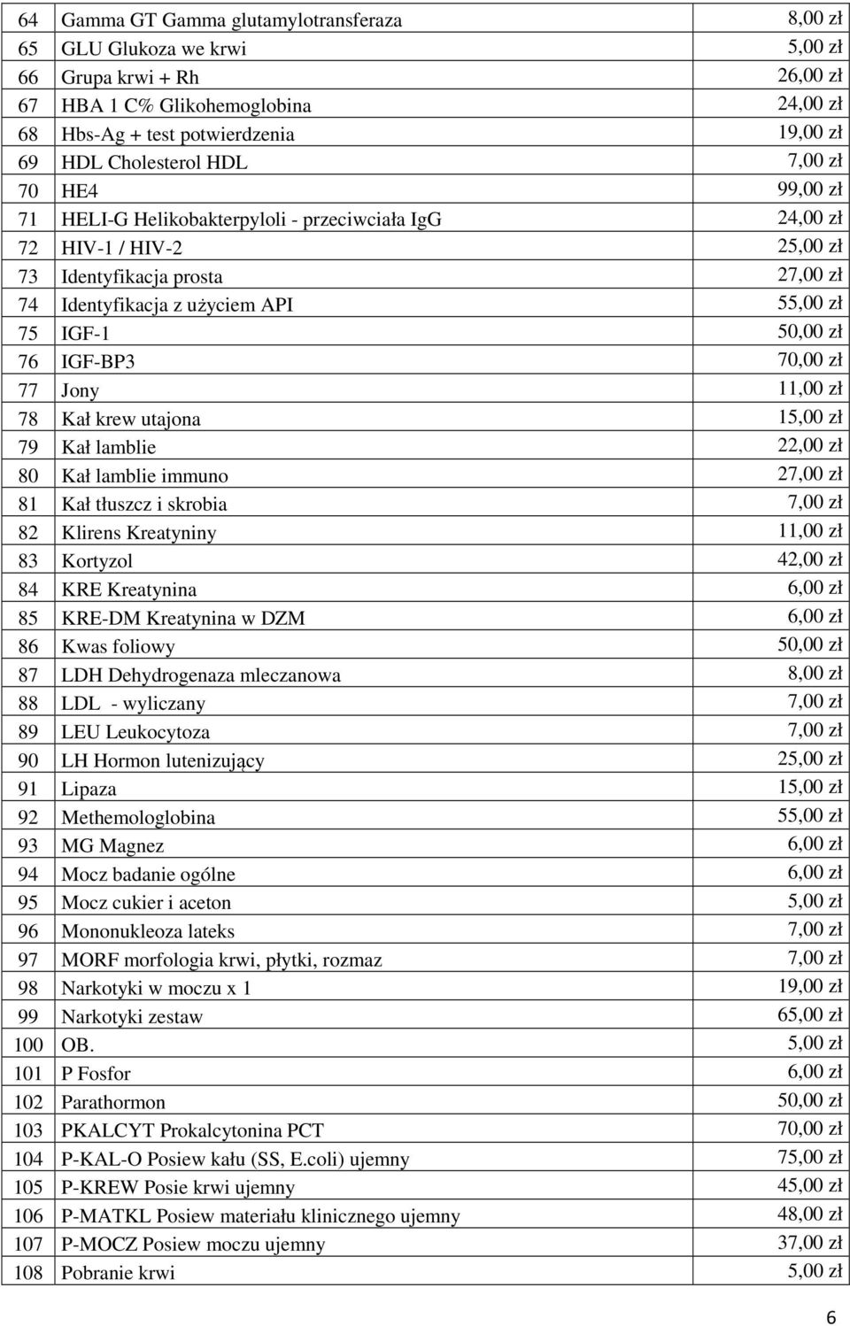 IGF-1 50,00 zł 76 IGF-BP3 70,00 zł 77 Jony 11,00 zł 78 Kał krew utajona 15,00 zł 79 Kał lamblie 22,00 zł 80 Kał lamblie immuno 27,00 zł 81 Kał tłuszcz i skrobia 7,00 zł 82 Klirens Kreatyniny 11,00 zł
