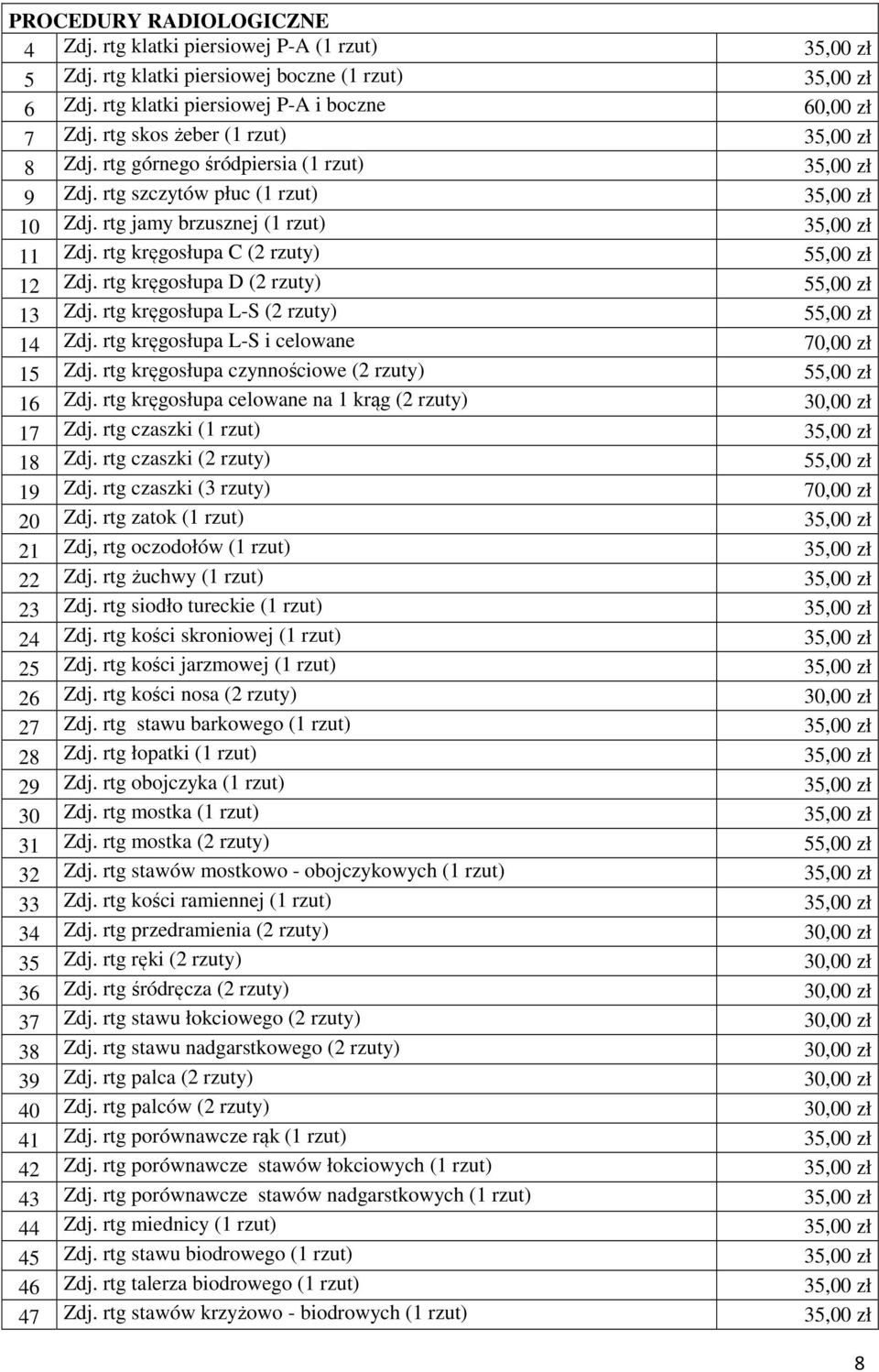 rtg kręgosłupa C (2 rzuty) 55,00 zł 12 Zdj. rtg kręgosłupa D (2 rzuty) 55,00 zł 13 Zdj. rtg kręgosłupa L-S (2 rzuty) 55,00 zł 14 Zdj. rtg kręgosłupa L-S i celowane 70,00 zł 15 Zdj.