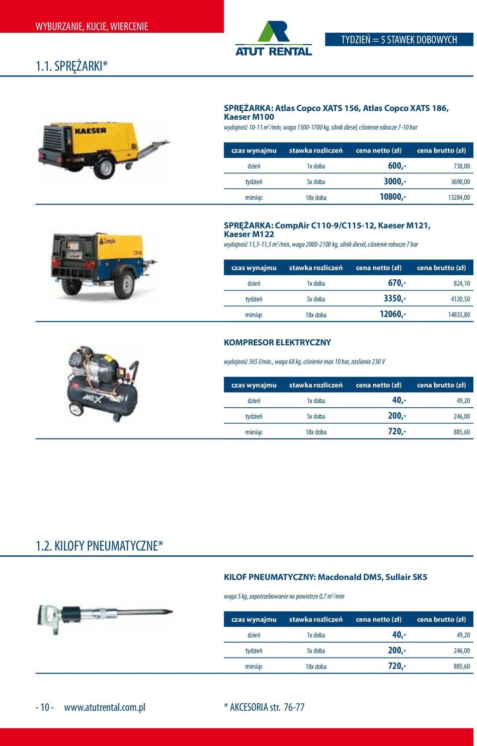 tydzień 5x doba 3000,- 3690,00 miesiąc 18x doba 10800,- 13284,00 SPRĘŻARKA: CompAir C110-9/C115-12, Kaeser M121, Kaeser M122 wydajność 11,3-11,5 m 3 /min, waga 2000-2100 kg, silnik diesel, ciśnienie