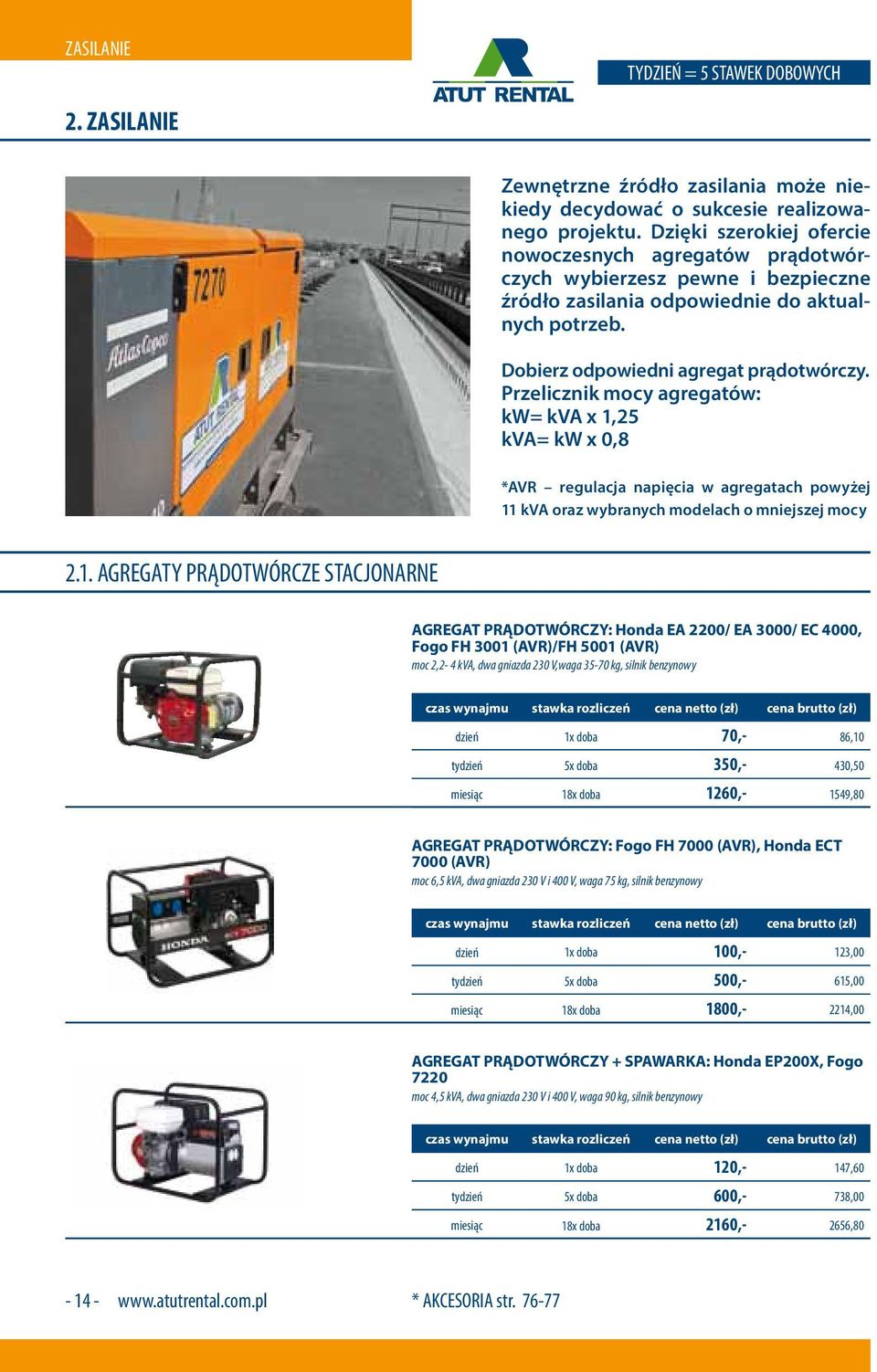 Przelicznik mocy agregatów: kw= kva x 1,